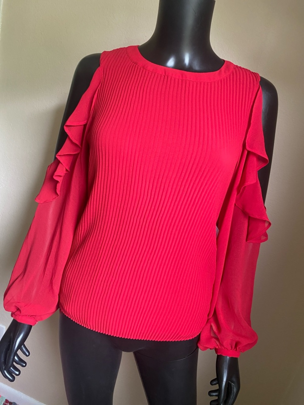 1. State Red Ruffle Cold-Shoulder Pleated Blouse NWTs